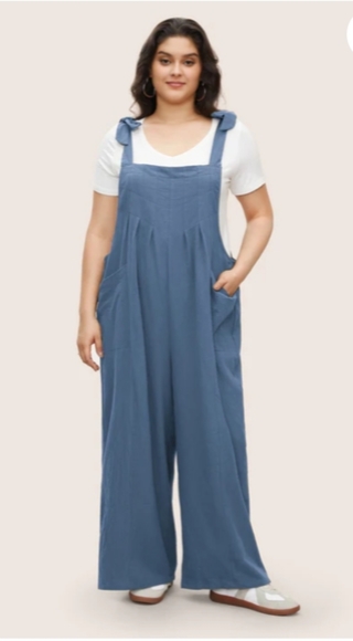 BloomChic-Soild Pleated Detail Pocket Knotted Shoulder Overall Jumpsuit (Stone) - Picture 3 of 6